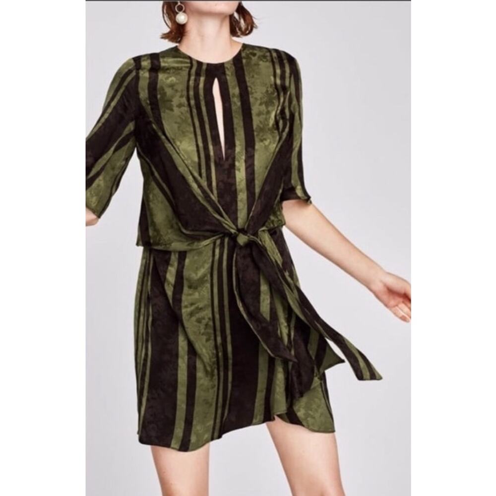 Zara Tie Knot Jacquard Satin Green Black Mini Wrap Striped Retro Dress Sz Large